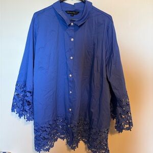 Colleen Lopez Cobalt Blue Button-Front Lace Hem Blouse